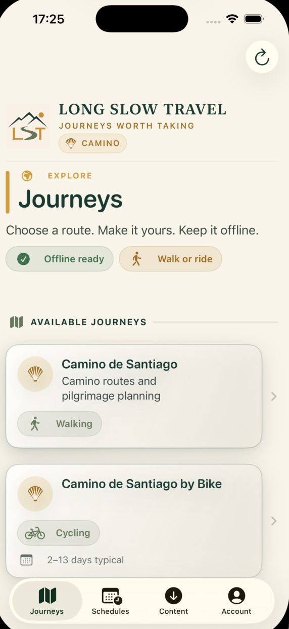 Camino Planner Journeys screen showing offline-ready walking and cycling Camino de Santiago journeys