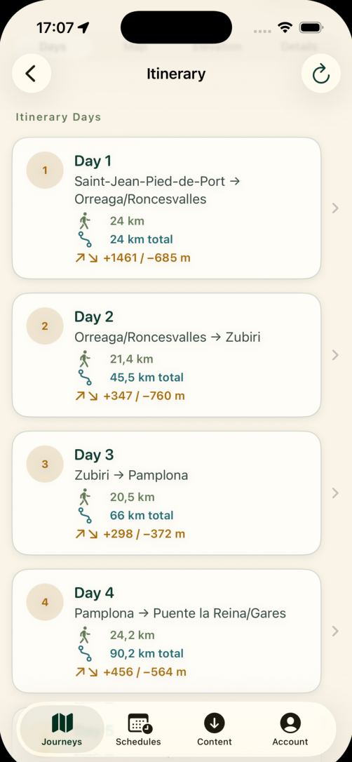 LST Camino Planner itinerary days screen