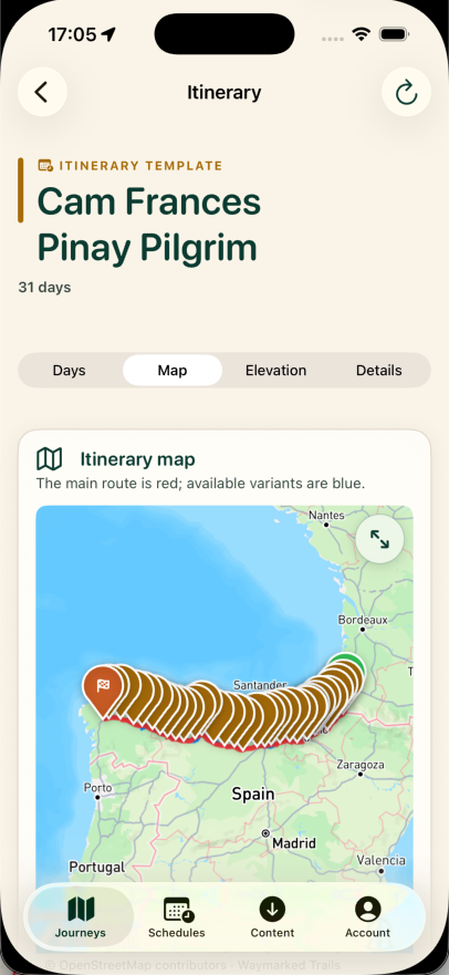 LST Camino Planner full itinerary map screen