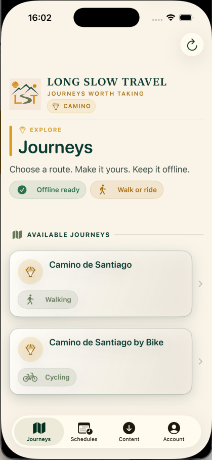 LST Camino Planner Journeys screen showing offline-ready walking and cycling Camino de Santiago journeys