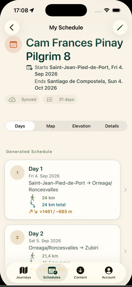 LST Camino Planner personal schedule screen