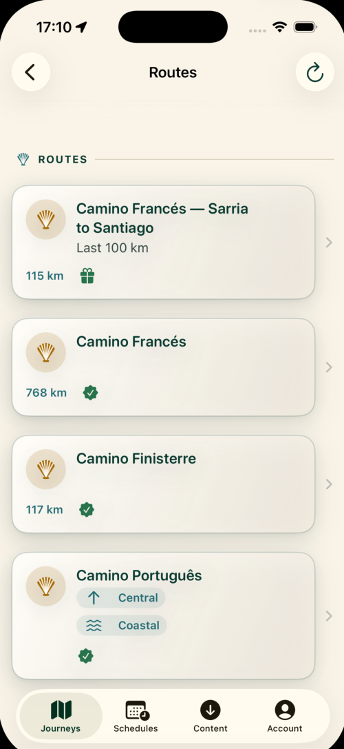 LST Camino Planner Routes screen showing Camino Francés, Finisterre, and Português route packs