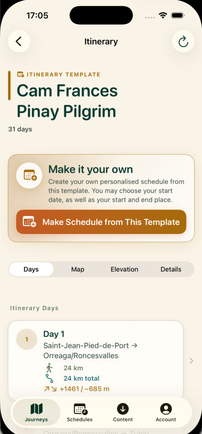 LST Camino Planner itinerary template screen with schedule creation
